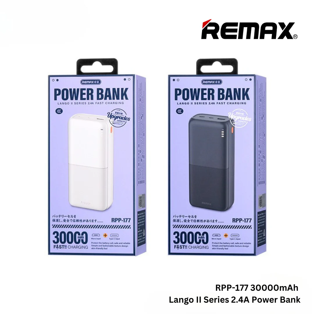 REMAX RPP-177 30000MAH LANGO II SERIES 2.4A FAST CHARGING POWER BANK (INPUT-MICRO/TYPE-C) (OUTPUT-1USB/1TYPE-C) - Black , White